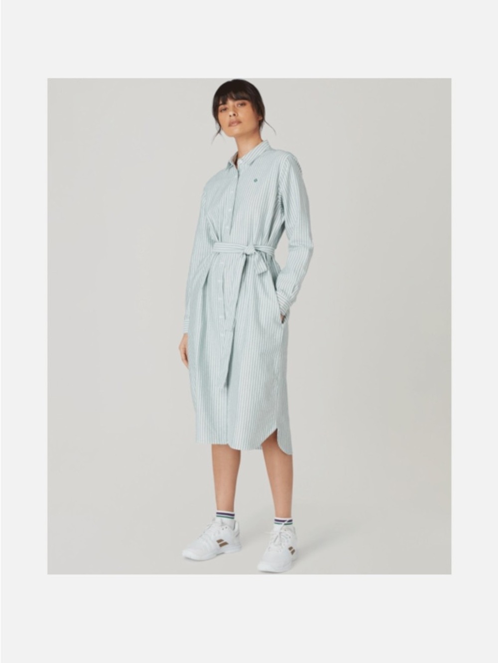 Striped Tie-Waist Shirt Dress in Green Stripe